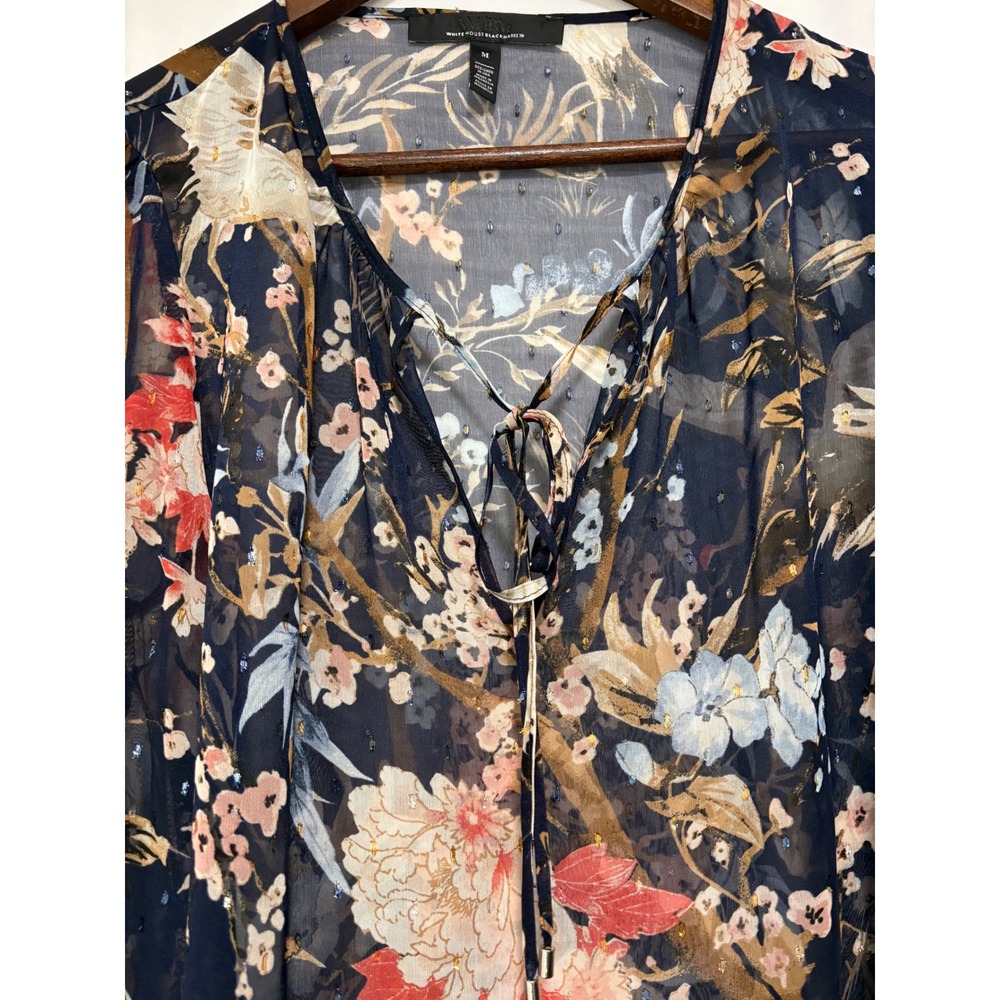White House Black Market Women's M Navy Floral Bird Sheer Blouse Metallic - Picture 7 of 10